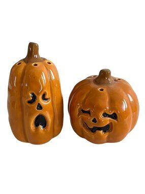 Vintage Ceramic Pumpkin Salt Pepper Shakers Halloween Jack O Lantern Set Orange